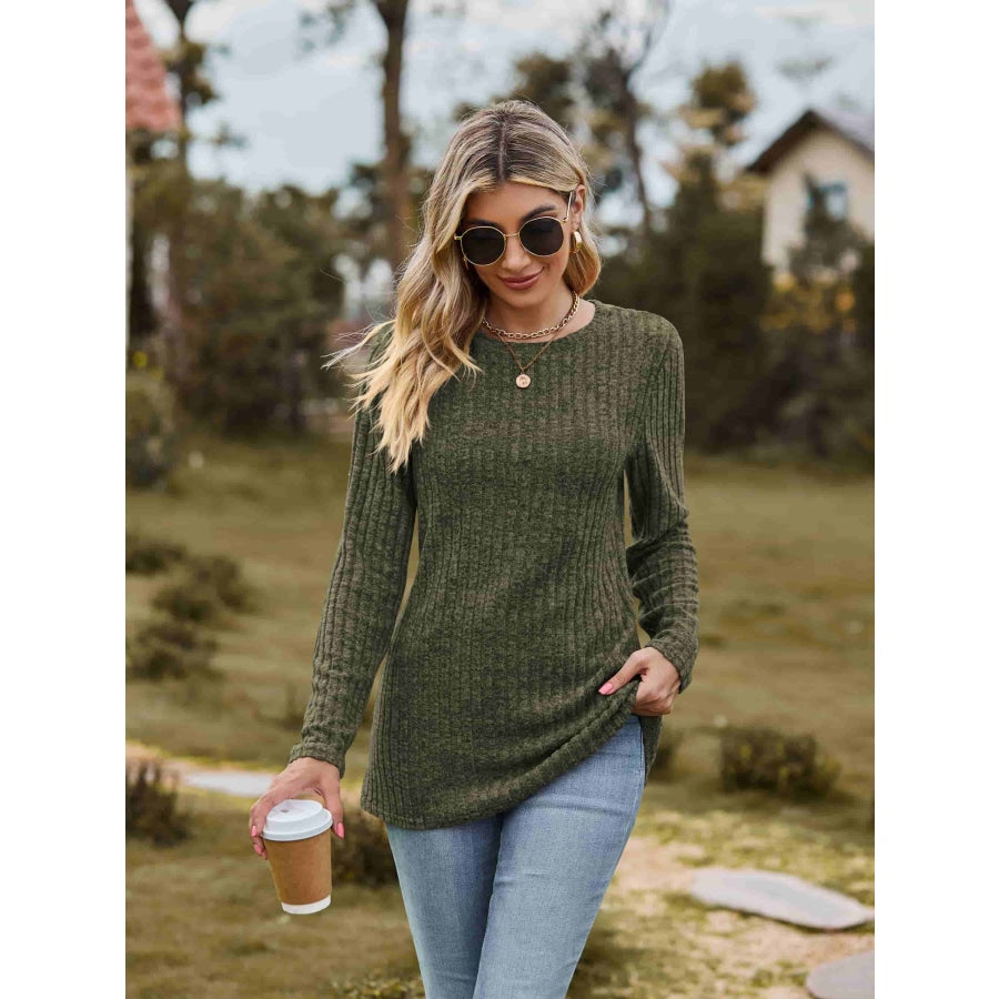 Ribbed Round Neck Long Sleeve Tee