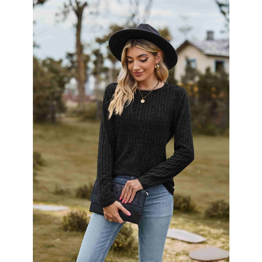 Ribbed Round Neck Long Sleeve Tee