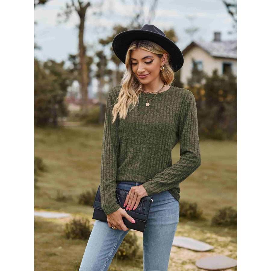 Ribbed Round Neck Long Sleeve Tee