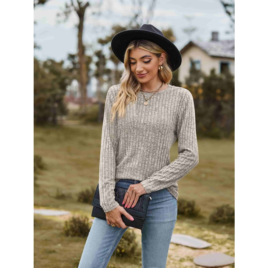 Ribbed Round Neck Long Sleeve Tee