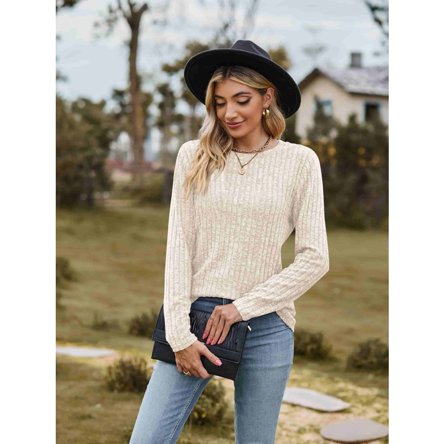 Ribbed Round Neck Long Sleeve Tee