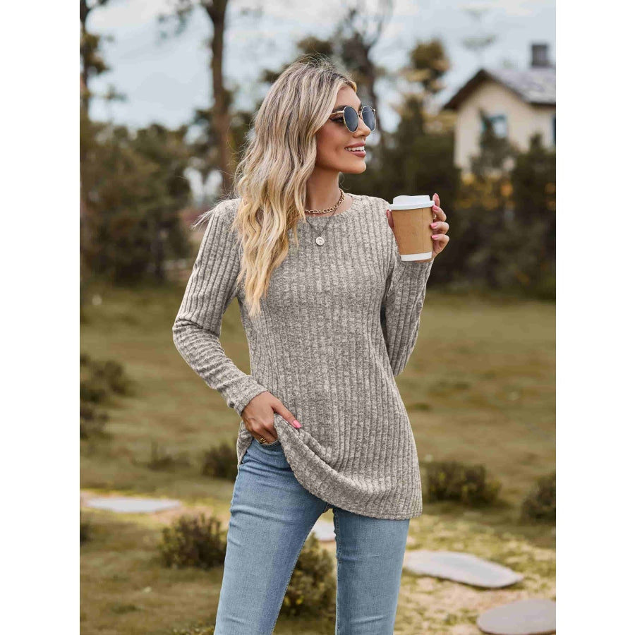 Ribbed Round Neck Long Sleeve Tee