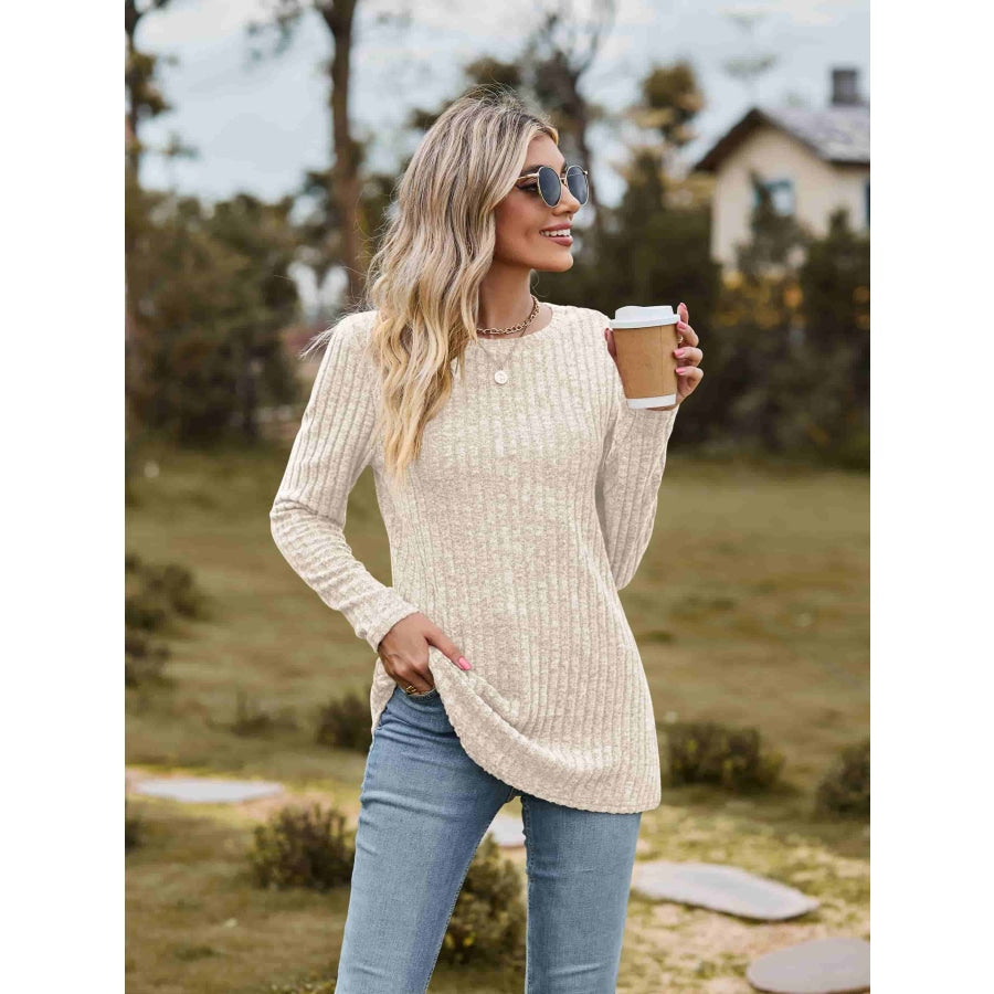 Ribbed Round Neck Long Sleeve Tee