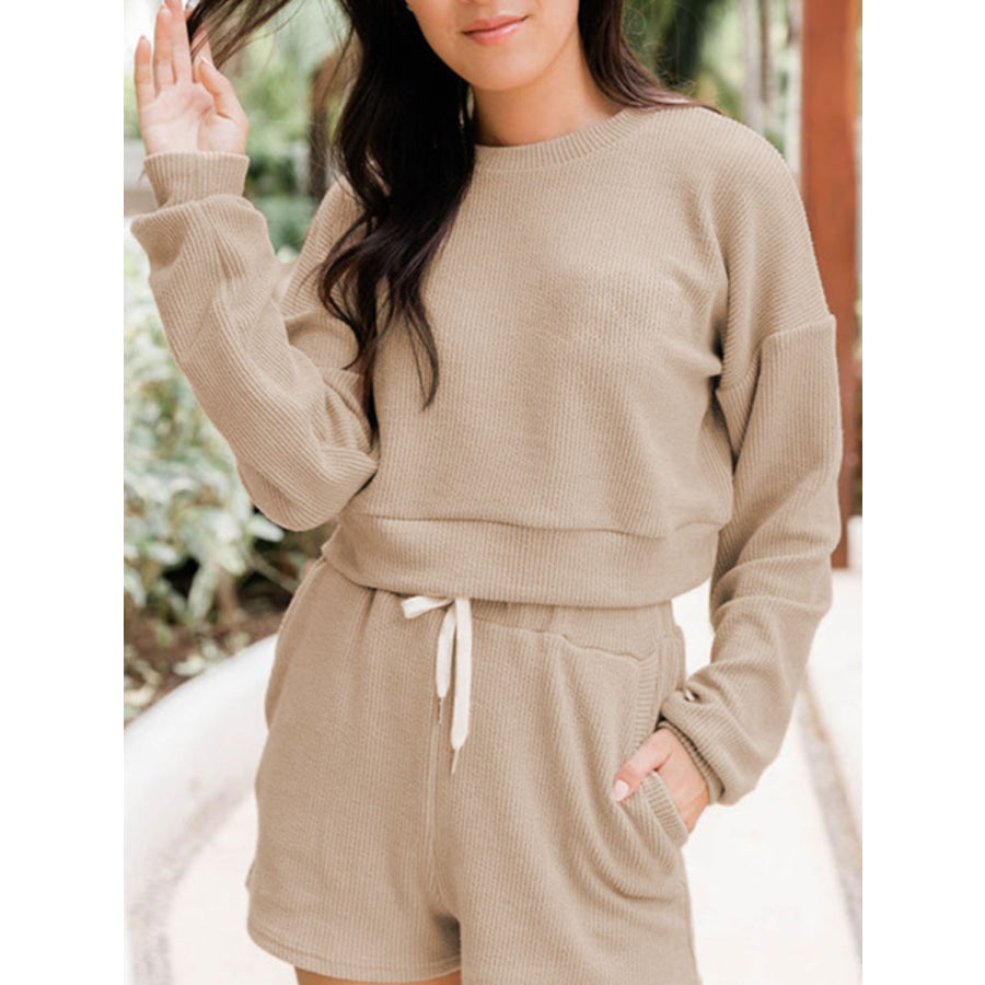 Ribbed Round Neck Long Sleeve Top and Shorts Set Apparel and Accessories