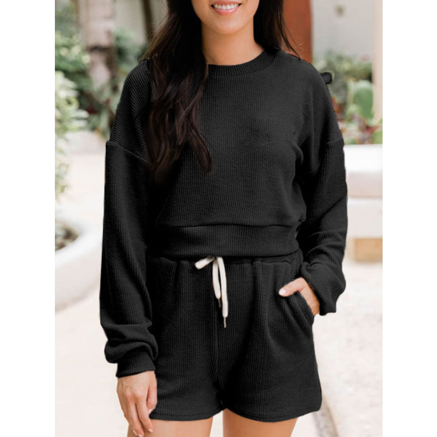 Ribbed Round Neck Long Sleeve Top and Shorts Set Apparel and Accessories