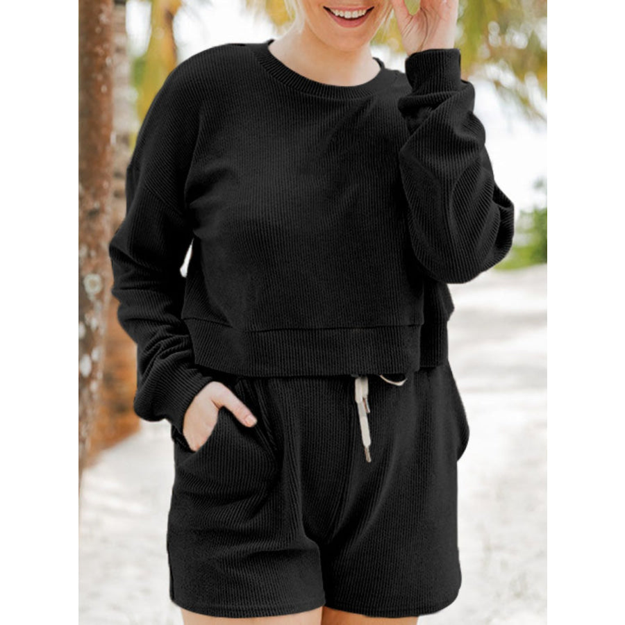 Ribbed Round Neck Long Sleeve Top and Shorts Set Apparel and Accessories