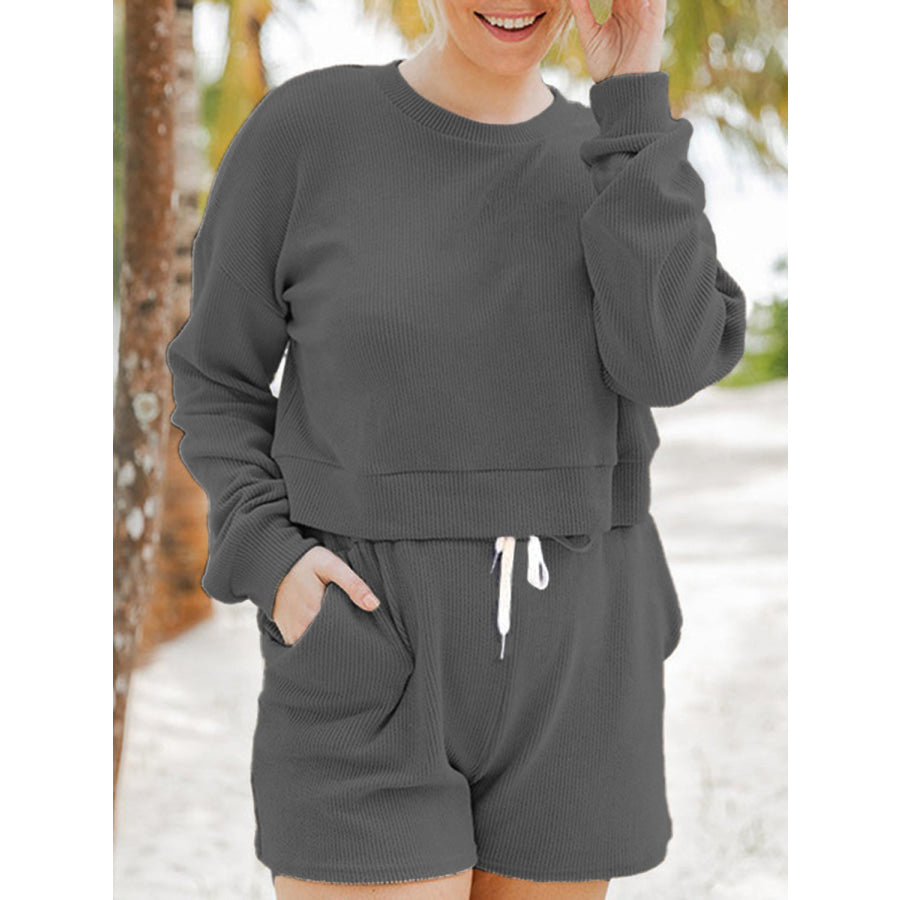 Ribbed Round Neck Long Sleeve Top and Shorts Set Apparel and Accessories