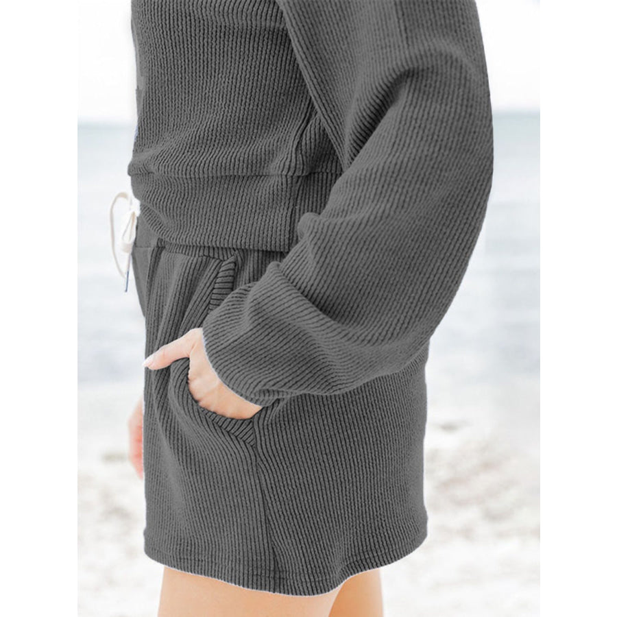 Ribbed Round Neck Long Sleeve Top and Shorts Set Apparel and Accessories