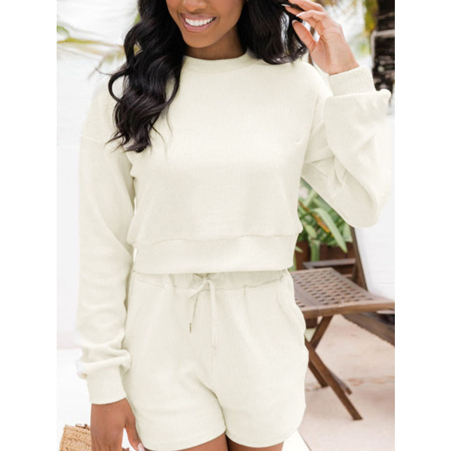 Ribbed Round Neck Long Sleeve Top and Shorts Set Apparel and Accessories