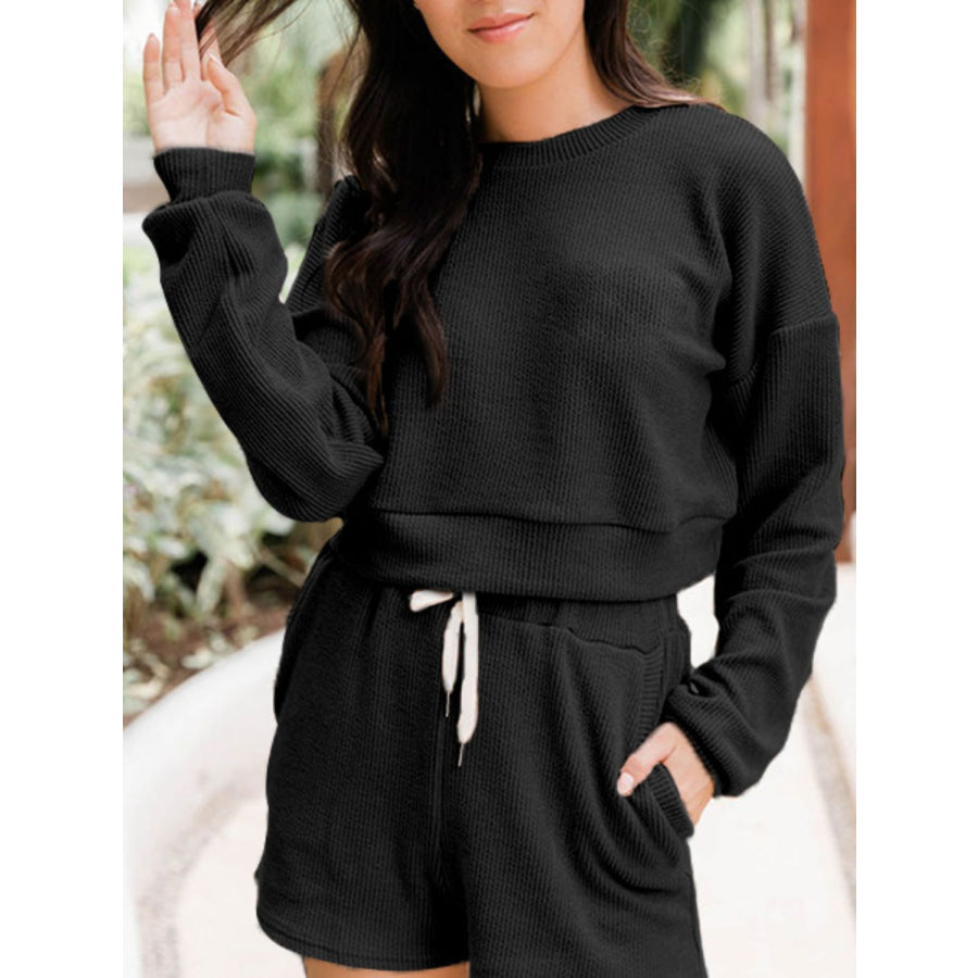 Ribbed Round Neck Long Sleeve Top and Shorts Set Black / S Apparel and Accessories