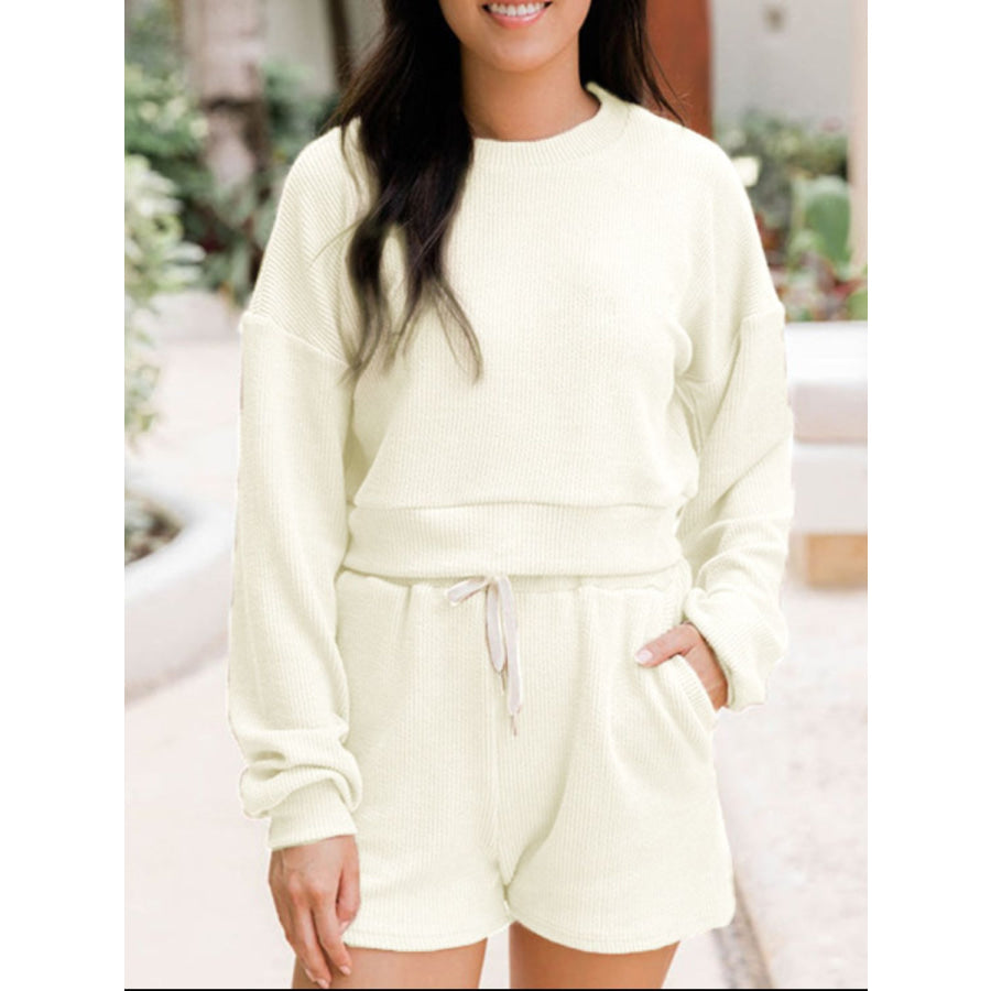 Ribbed Round Neck Long Sleeve Top and Shorts Set Cream / S Apparel and Accessories