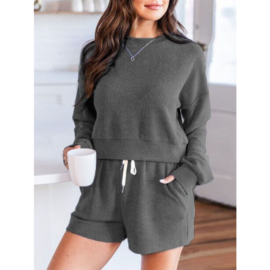 Ribbed Round Neck Long Sleeve Top and Shorts Set Dark Gray / S Apparel and Accessories