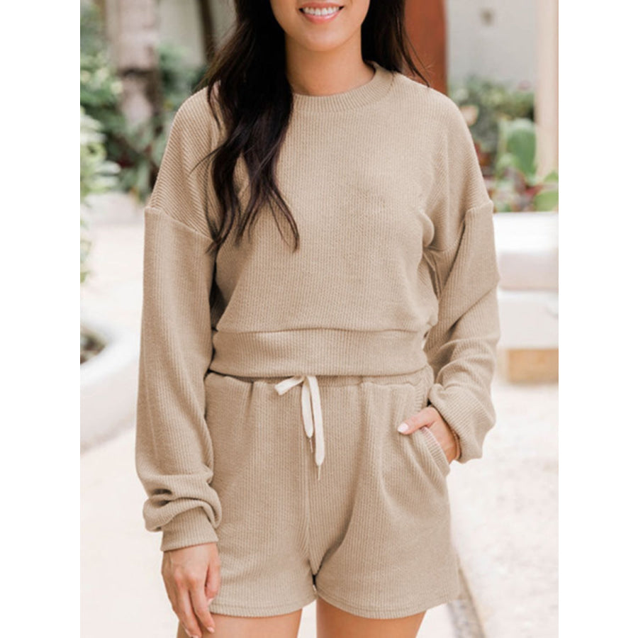 Ribbed Round Neck Long Sleeve Top and Shorts Set Tan / S Apparel and Accessories