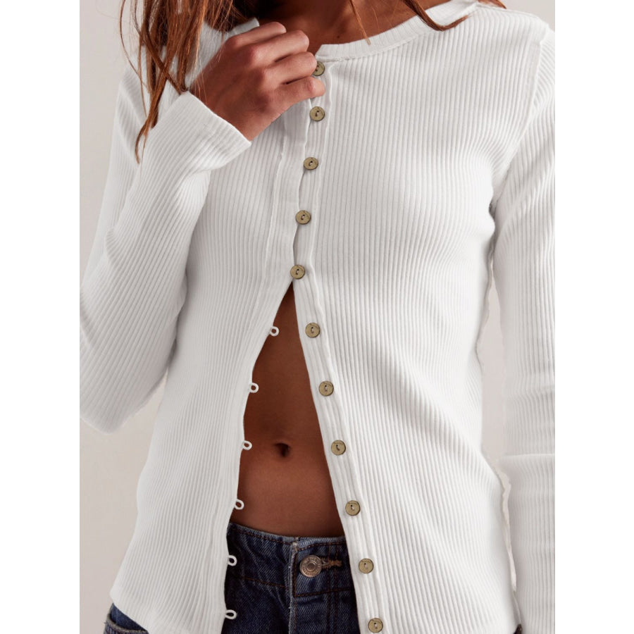 Ribbed Round Neck Long Sleeve Top Apparel and Accessories