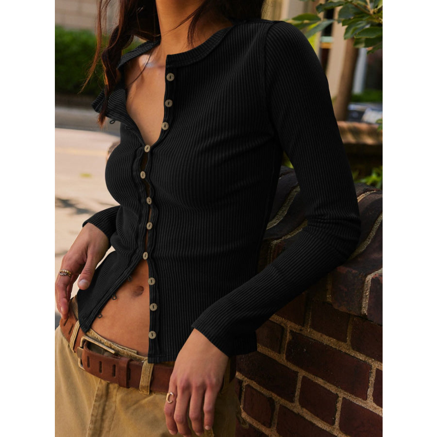 Ribbed Round Neck Long Sleeve Top Apparel and Accessories