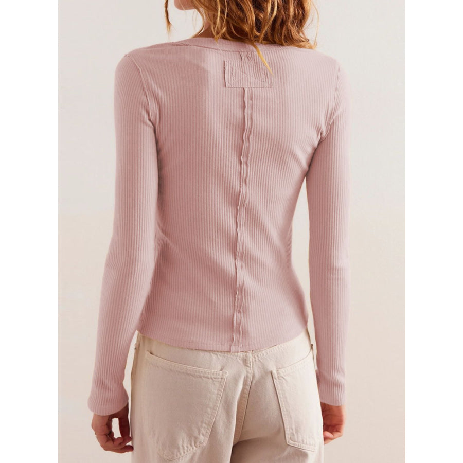 Ribbed Round Neck Long Sleeve Top Blush Pink / S Apparel and Accessories