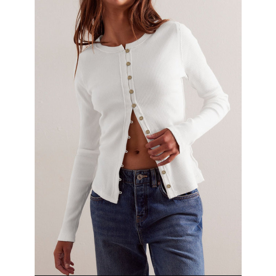 Ribbed Round Neck Long Sleeve Top Ivory / S Apparel and Accessories