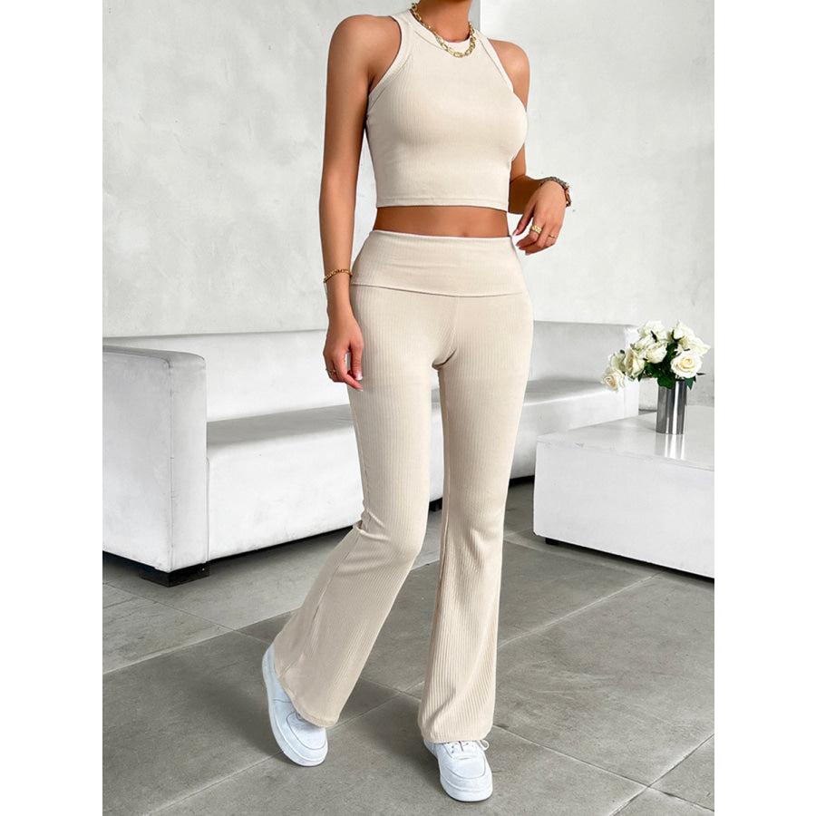 Ribbed Round Neck Tank and Pants Set Beige / S Apparel and Accessories