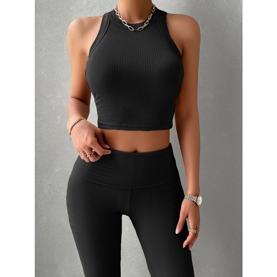 Ribbed Round Neck Tank and Pants Set Black / S Apparel and Accessories