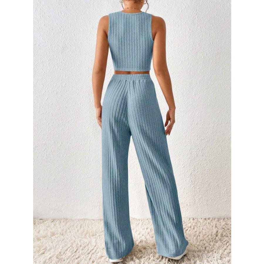 Ribbed Round Neck Tank and Pants Sweater Set Apparel and Accessories