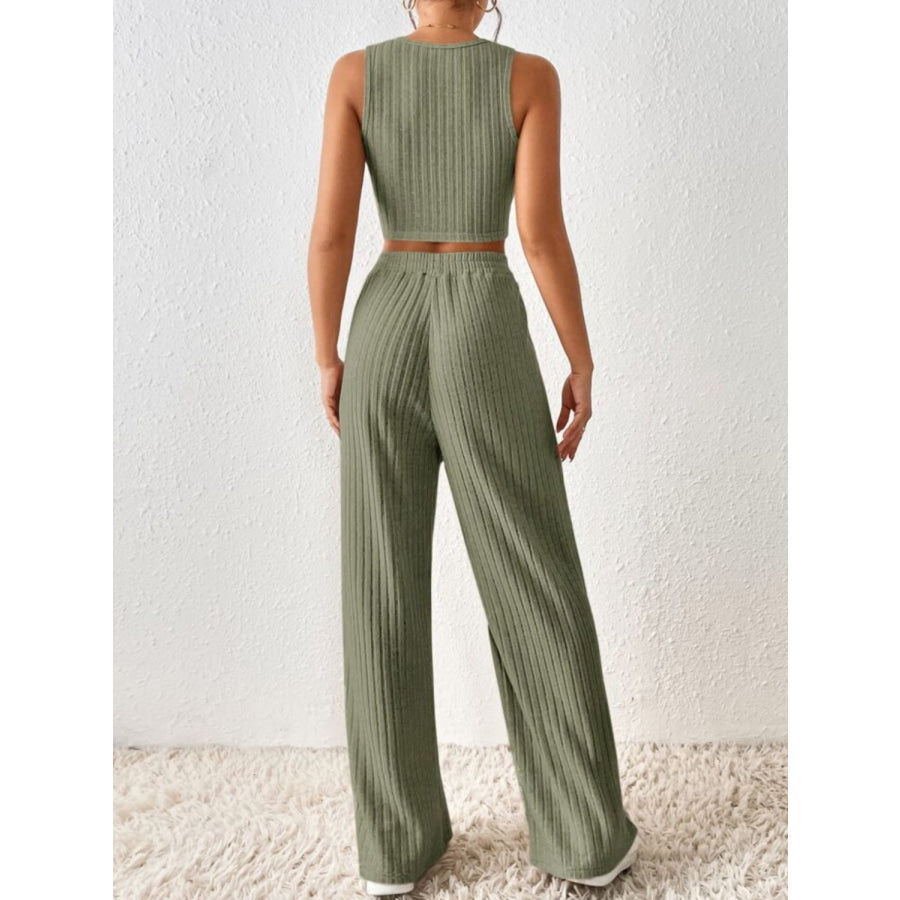 Ribbed Round Neck Tank and Pants Sweater Set Sage / S Apparel and Accessories