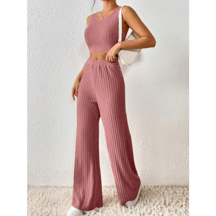 Ribbed Round Neck Tank and Pants Sweater Set Light Mauve / S Apparel and Accessories