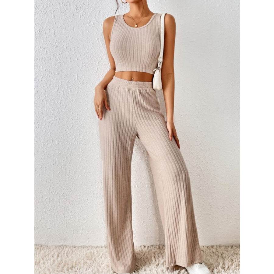 Ribbed Round Neck Tank and Pants Sweater Set Sand / S Apparel and Accessories