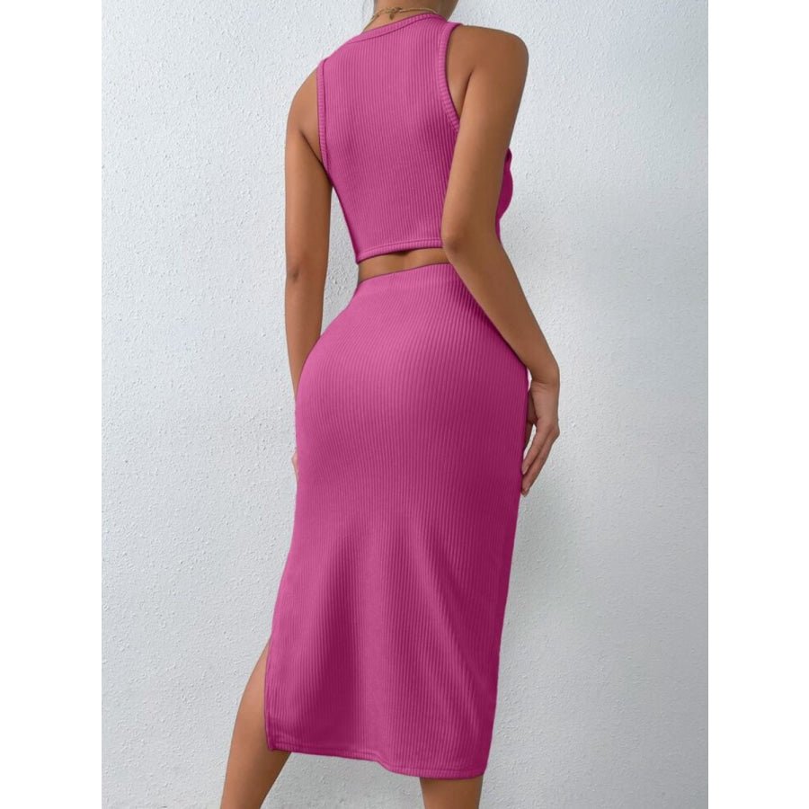 Ribbed Round Neck Tank and Slit Skirt Sweater Set Deep Rose / S Apparel and Accessories