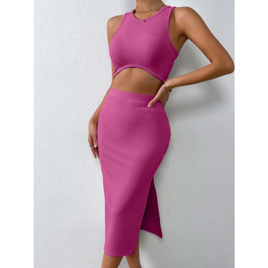 Ribbed Round Neck Tank and Slit Skirt Sweater Set Deep Rose / S Apparel and Accessories