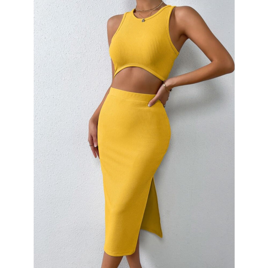 Ribbed Round Neck Tank and Slit Skirt Sweater Set Mustard / S Apparel and Accessories
