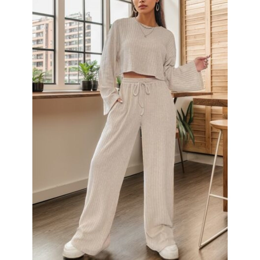Sandee Rain Boutique - Ribbed Round Neck Top and Drawstring Pants Set  Trendsi Clothing Clothing - Sandee Rain Boutique
