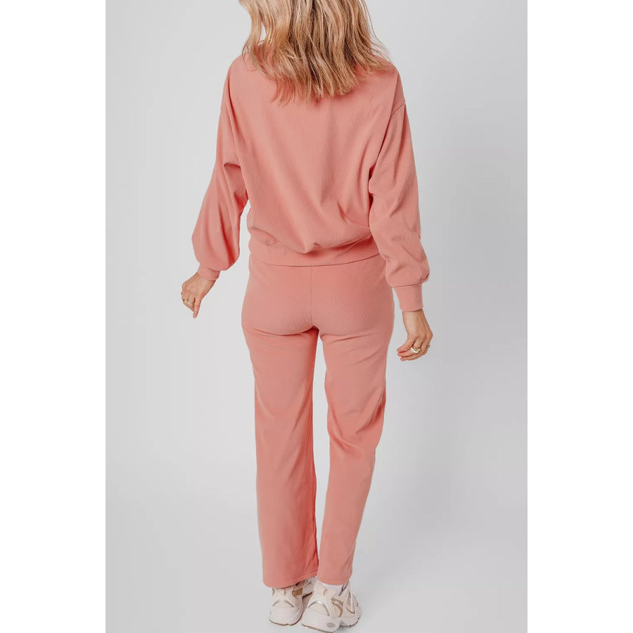 Ribbed Round Neck Top and Pants Set Apparel and Accessories