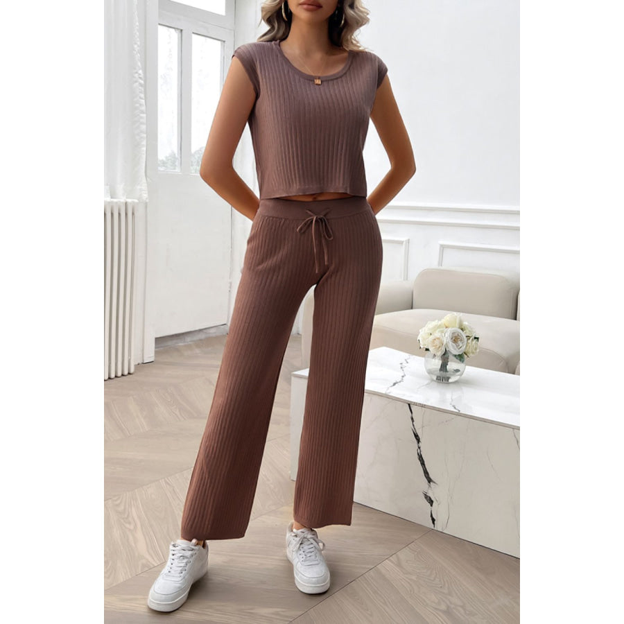 Ribbed Round Neck Top and Pants Set Apparel and Accessories