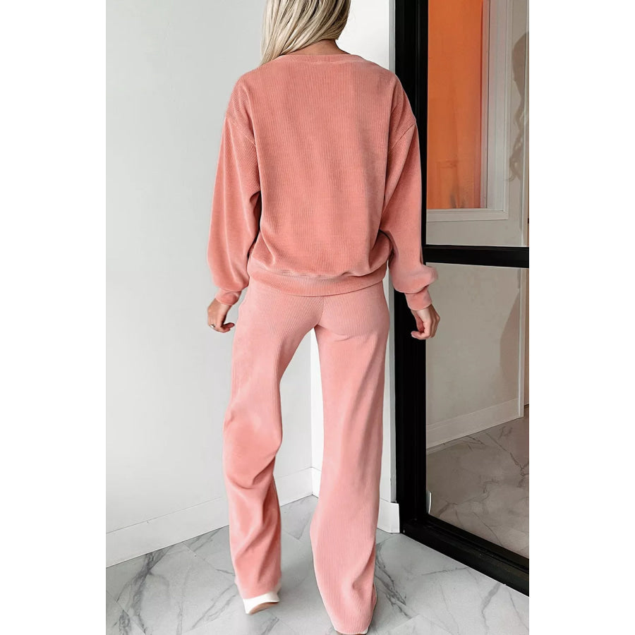 Ribbed Round Neck Top and Pants Set Apparel and Accessories