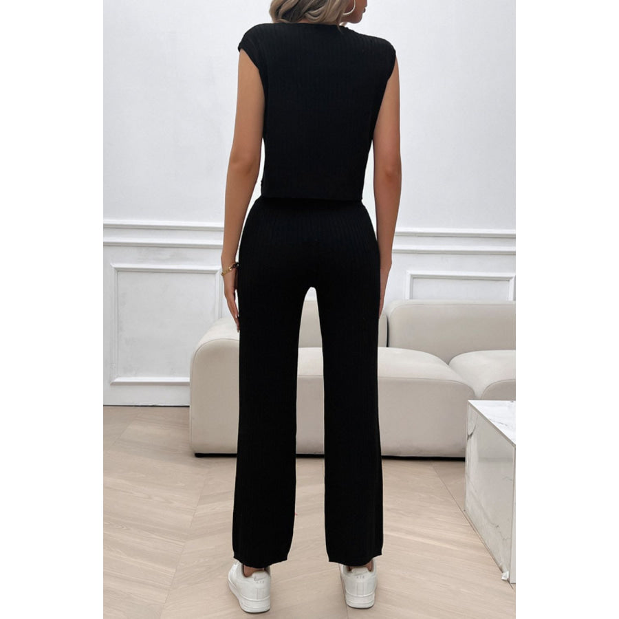 Ribbed Round Neck Top and Pants Set Apparel and Accessories