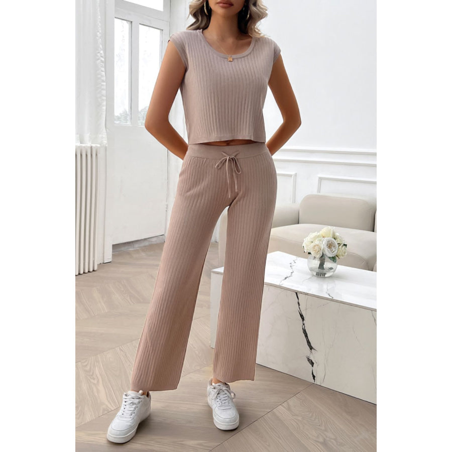 Ribbed Round Neck Top and Pants Set Apparel and Accessories