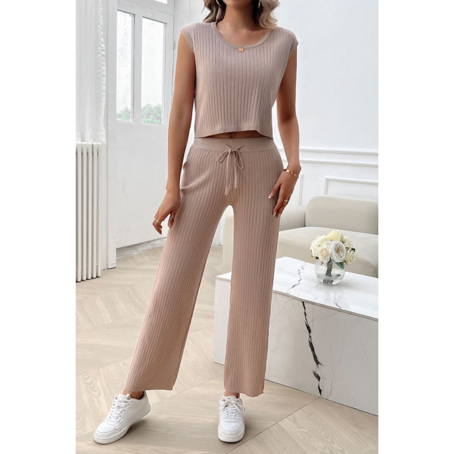 Ribbed Round Neck Top and Pants Set Apparel and Accessories