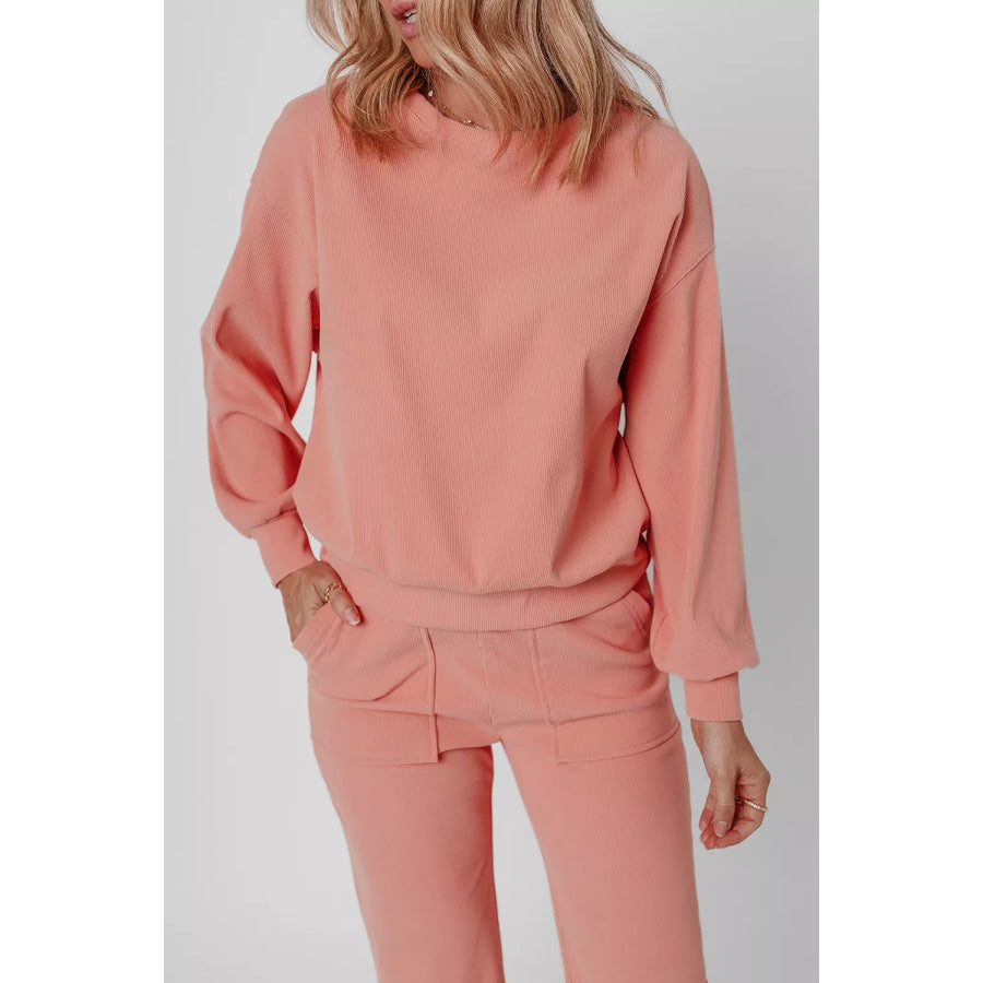 Ribbed Round Neck Top and Pants Set Apparel and Accessories