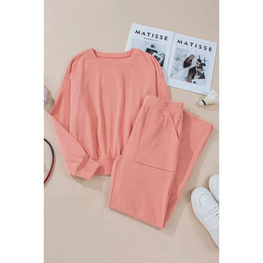 Ribbed Round Neck Top and Pants Set Apparel and Accessories