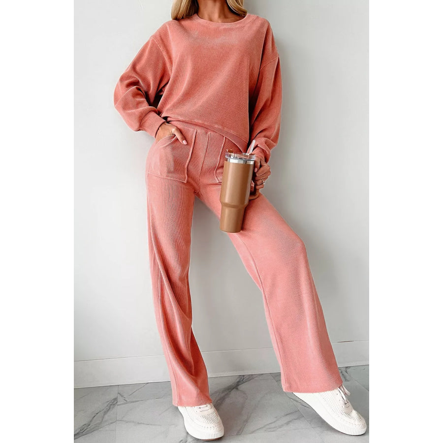 Ribbed Round Neck Top and Pants Set Apparel and Accessories