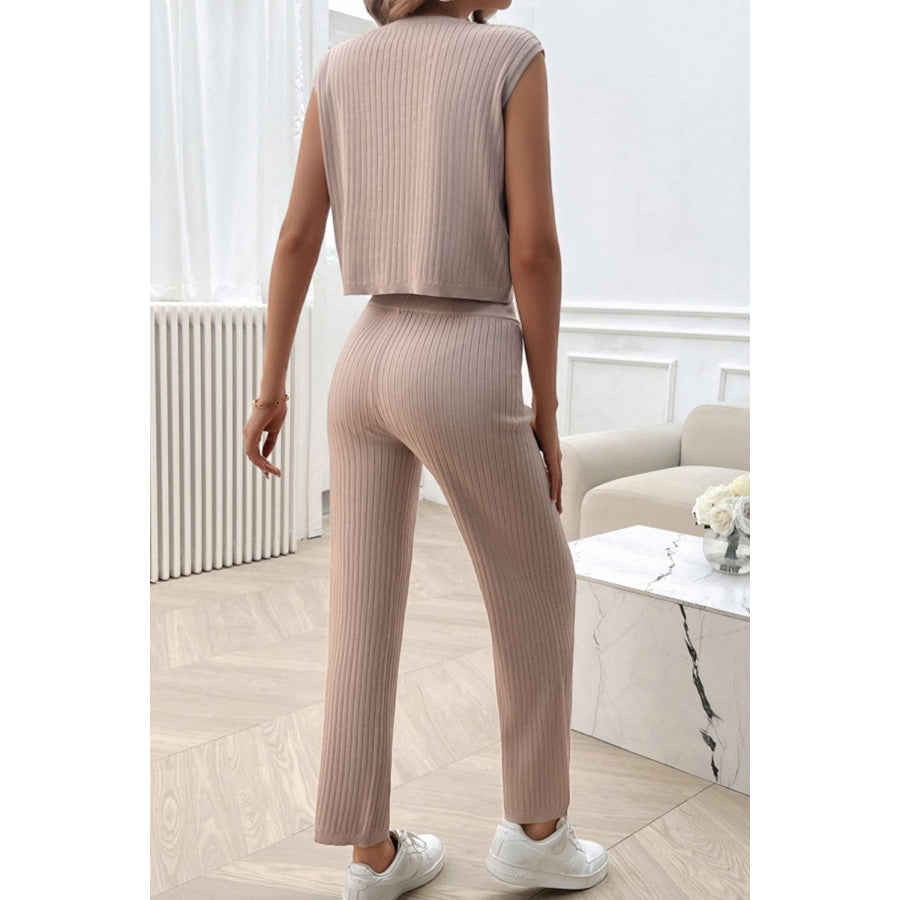 Ribbed Round Neck Top and Pants Set Taupe / S Apparel and Accessories