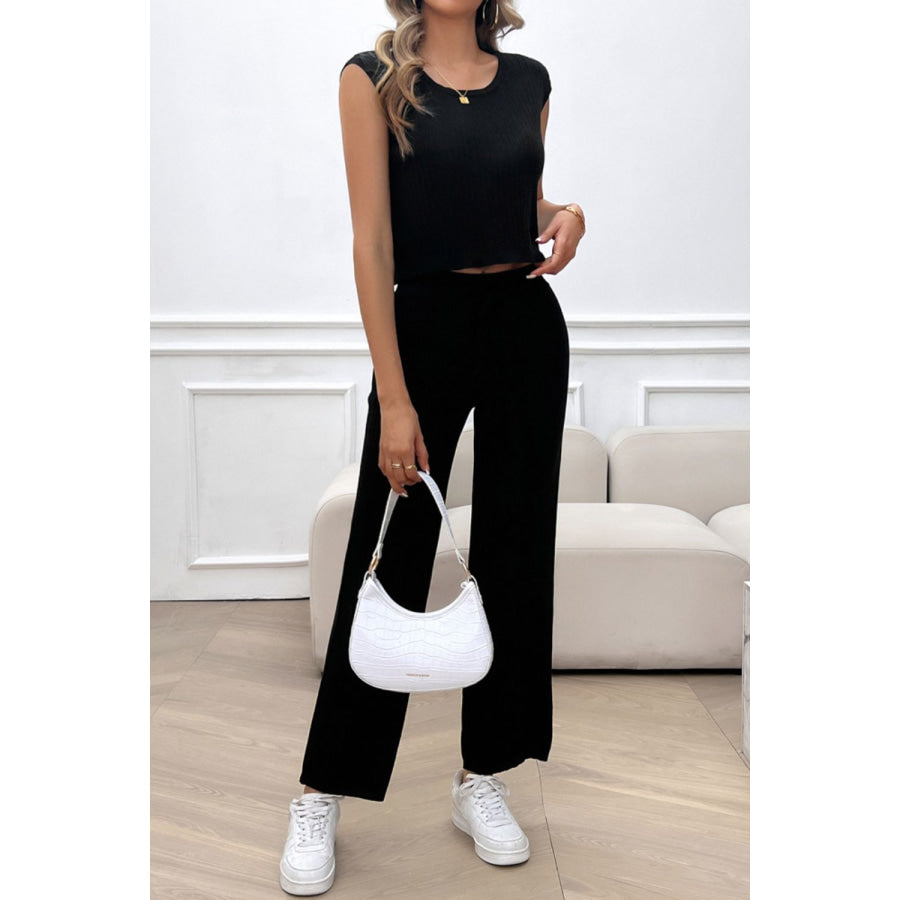 Ribbed Round Neck Top and Pants Set Apparel and Accessories