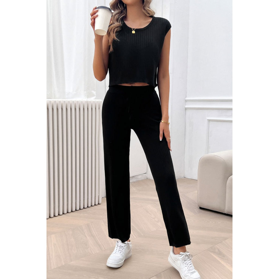 Ribbed Round Neck Top and Pants Set Apparel and Accessories