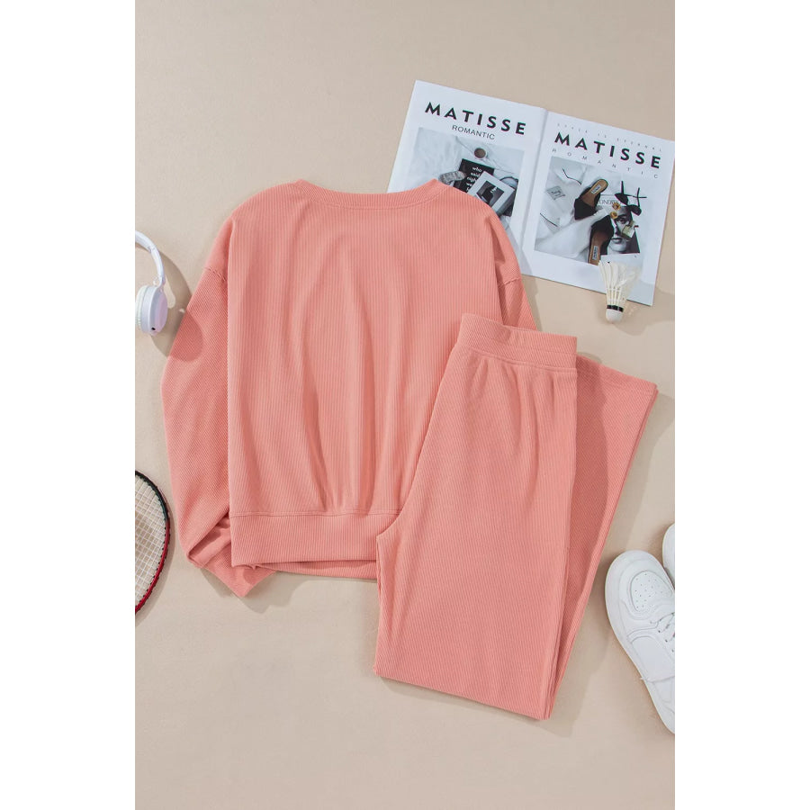 Ribbed Round Neck Top and Pants Set Apparel and Accessories