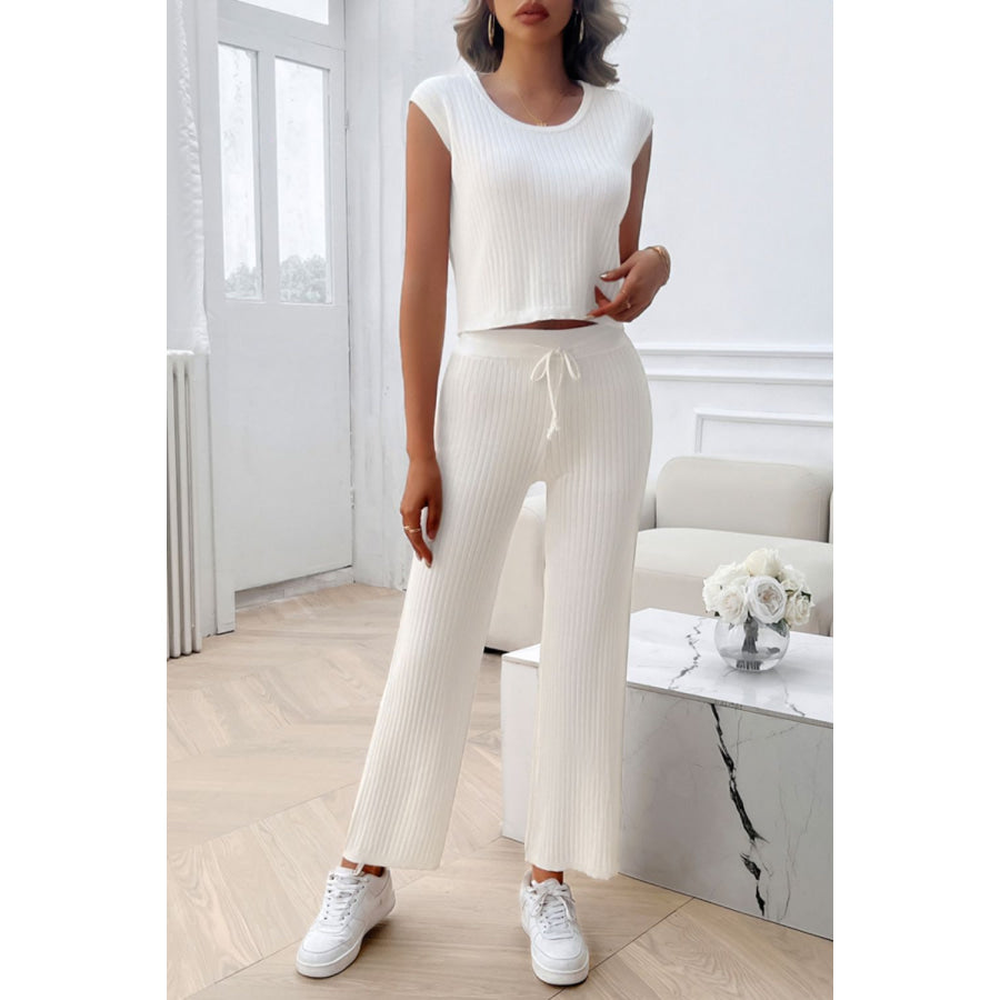 Ribbed Round Neck Top and Pants Set Apparel and Accessories