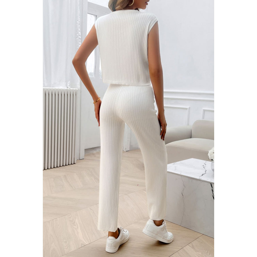 Ribbed Round Neck Top and Pants Set Apparel and Accessories
