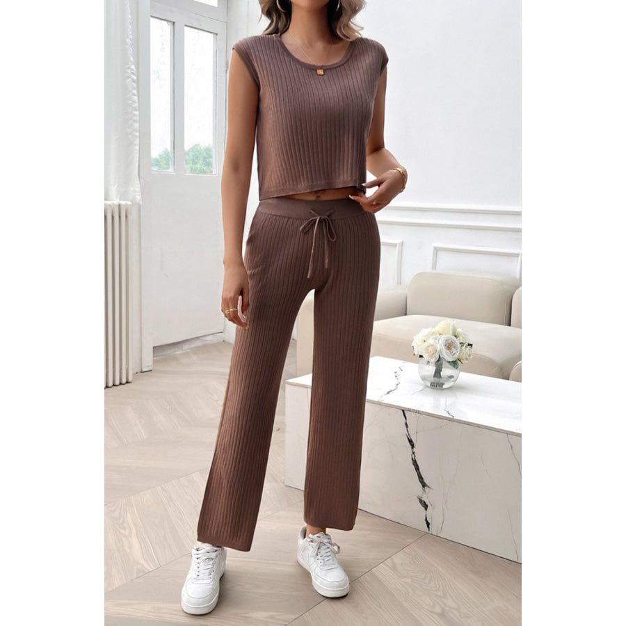 Ribbed Round Neck Top and Pants Set Apparel and Accessories