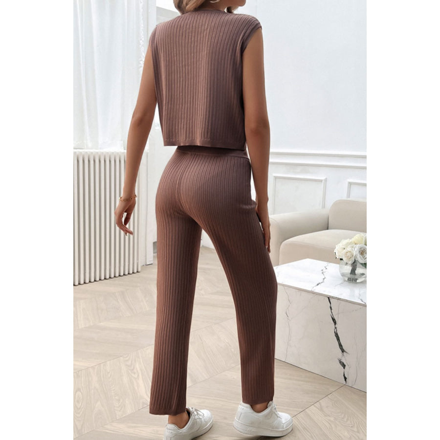 Ribbed Round Neck Top and Pants Set Apparel and Accessories