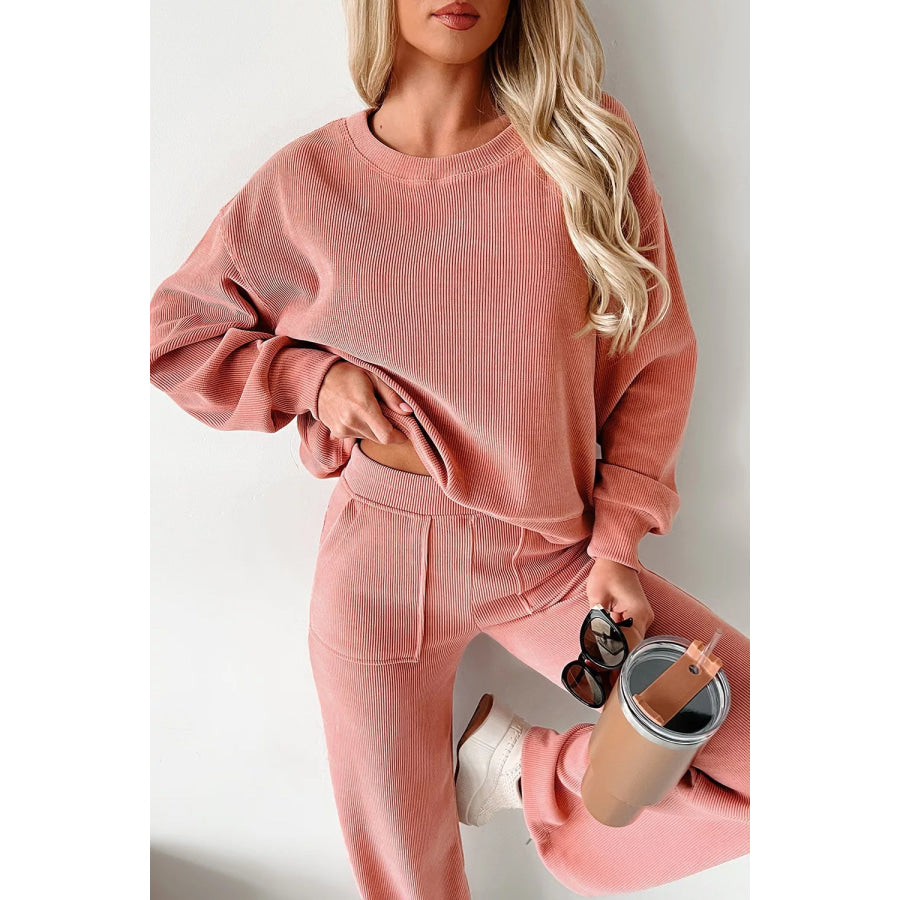 Ribbed Round Neck Top and Pants Set Apparel and Accessories