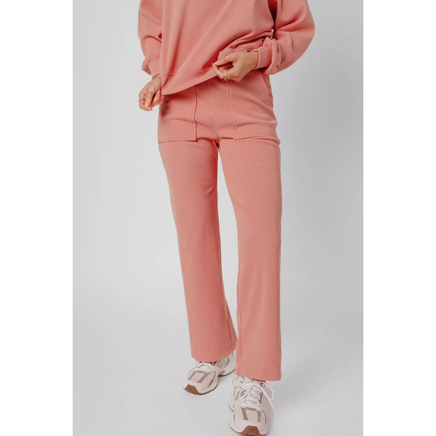 Ribbed Round Neck Top and Pants Set Apparel and Accessories